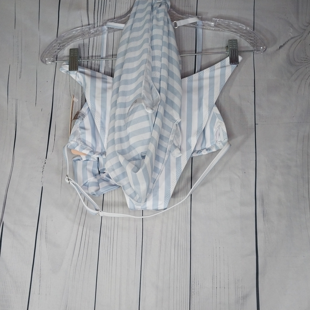 Jimmi Striped Blue and White Bikini Set With Wrap And Hair Tie Size M NWT - Picture 6 of 10